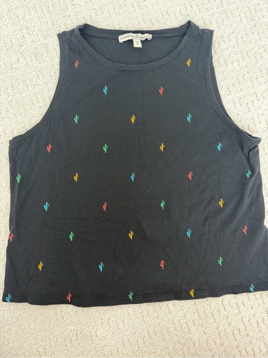 Express Tops - Express Black Tank Top with Multicolor Cactus Embroidery